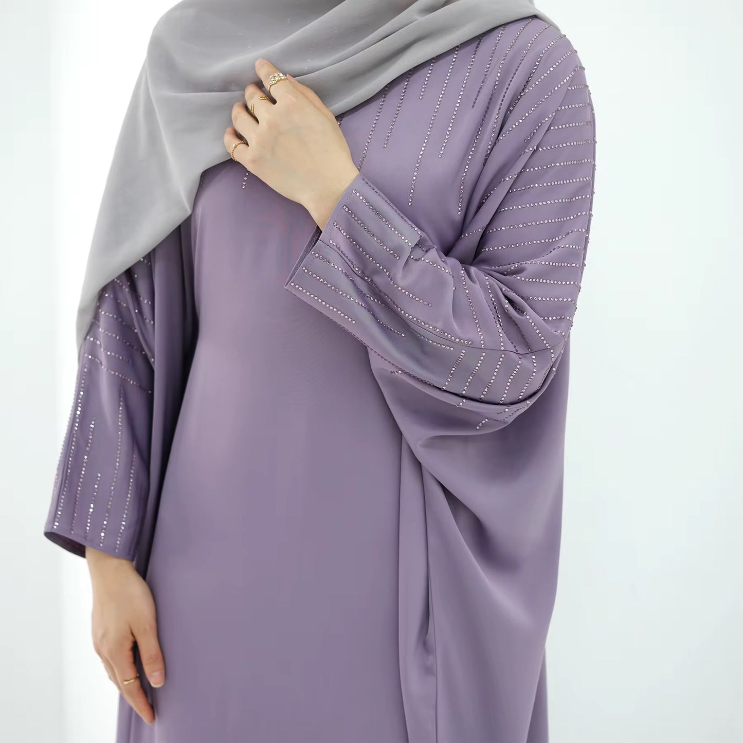 Lilac Satin Rhinestone Batwing Abaya