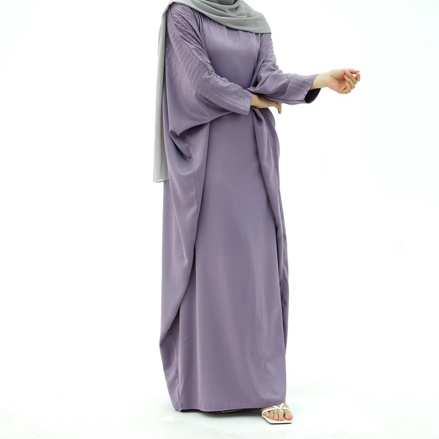 Lilac Satin Rhinestone Batwing Abaya