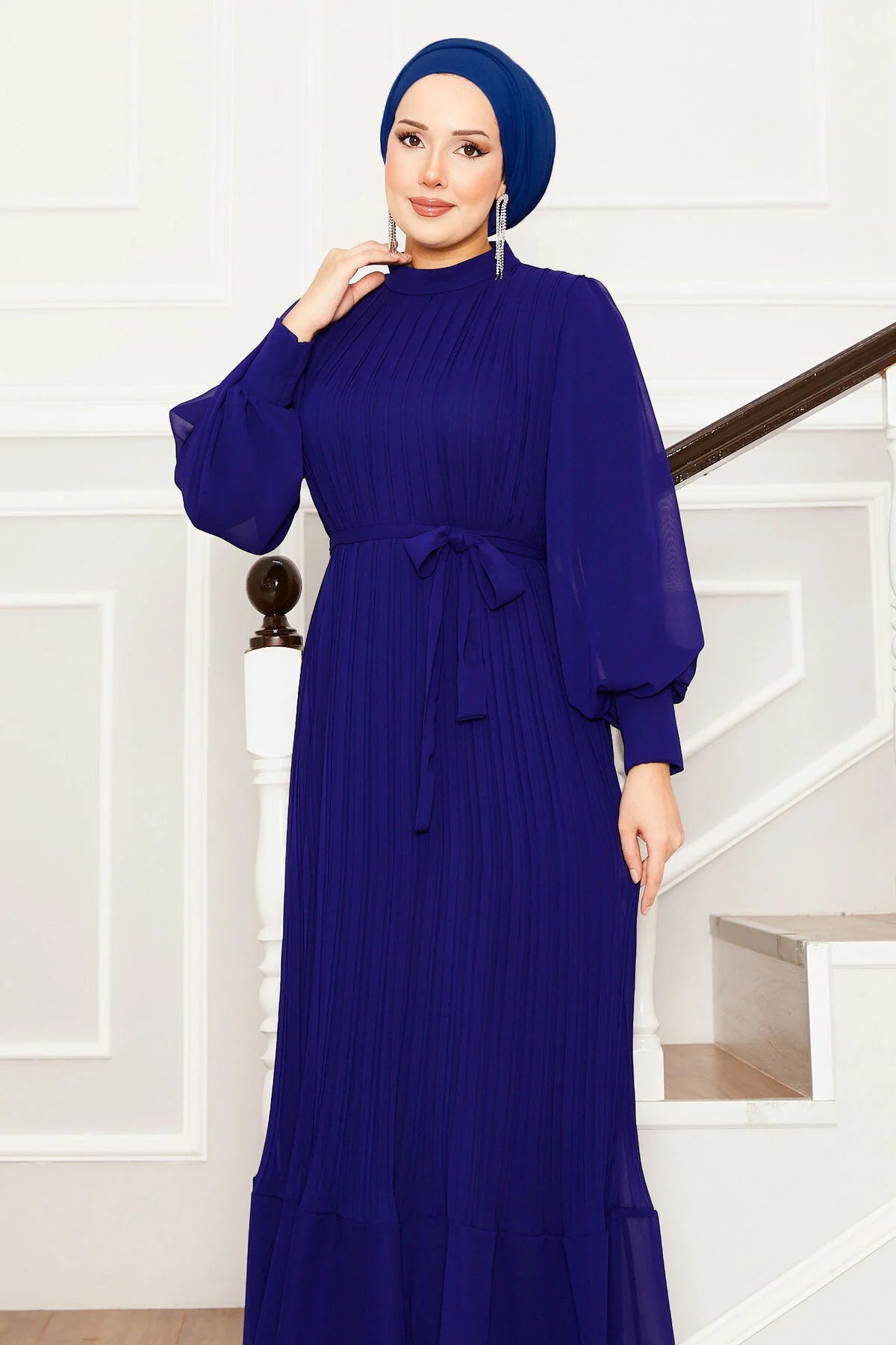 Pleated Blue Chiffon Dress - Chaddors
