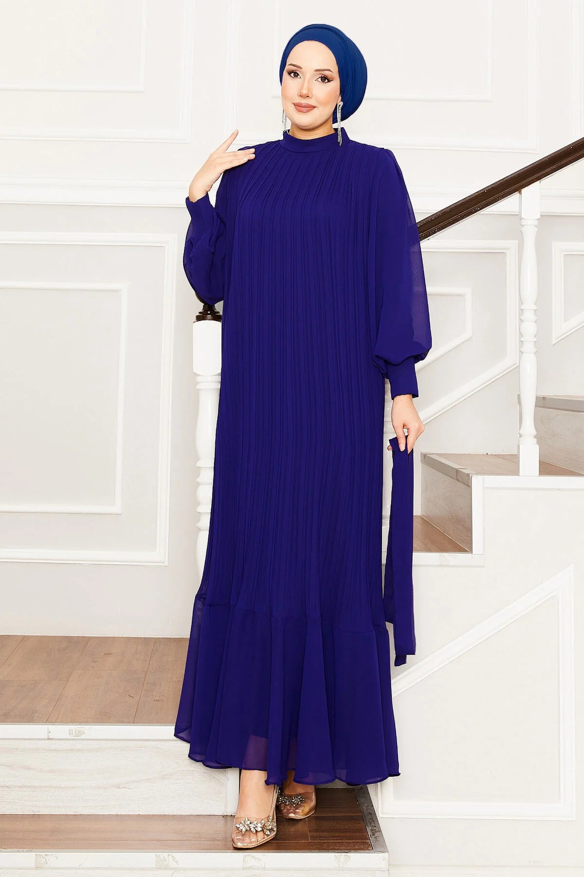 Pleated Blue Chiffon Dress - Chaddors