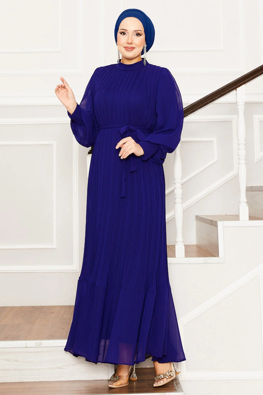 Pleated Blue Chiffon Dress - Chaddors