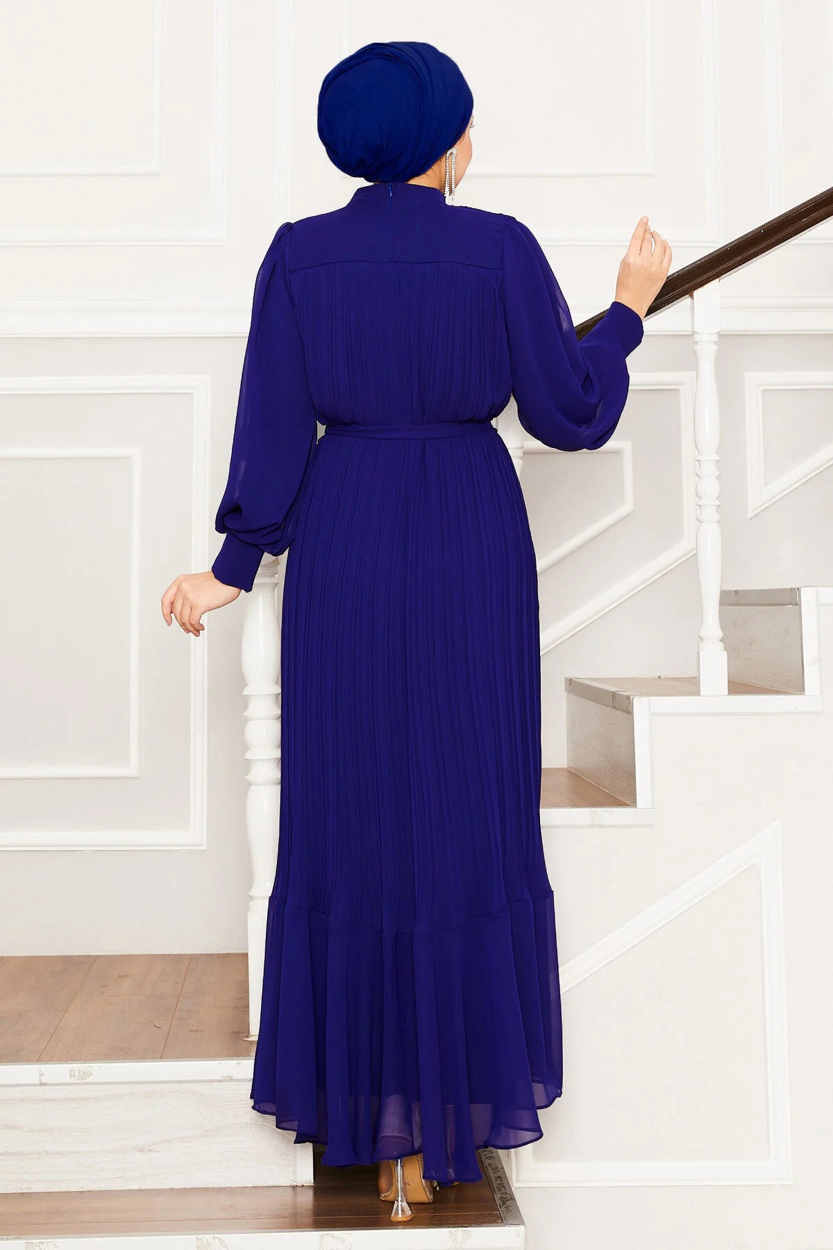 Pleated Blue Chiffon Dress - Chaddors