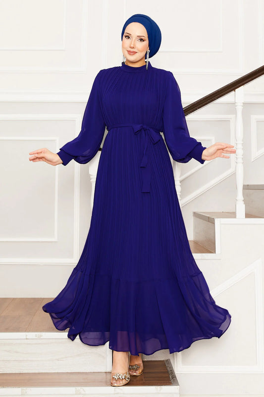 Pleated Blue Chiffon Dress - Chaddors