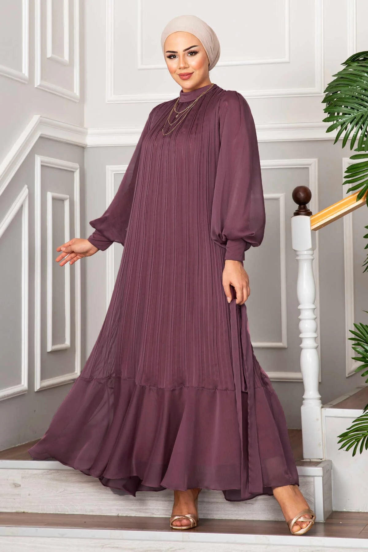 Pleated Pink Chiffon Dress - Chaddors
