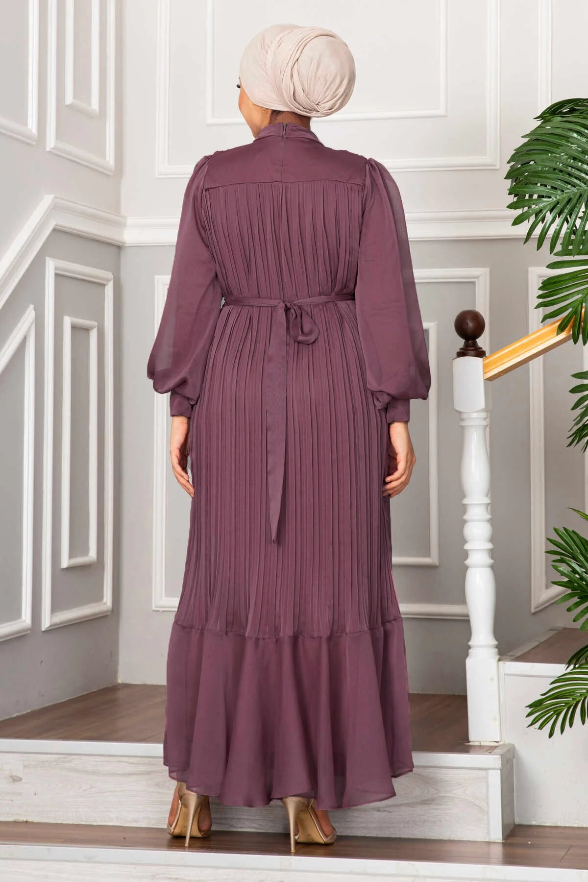 Pleated Pink Chiffon Dress - Chaddors