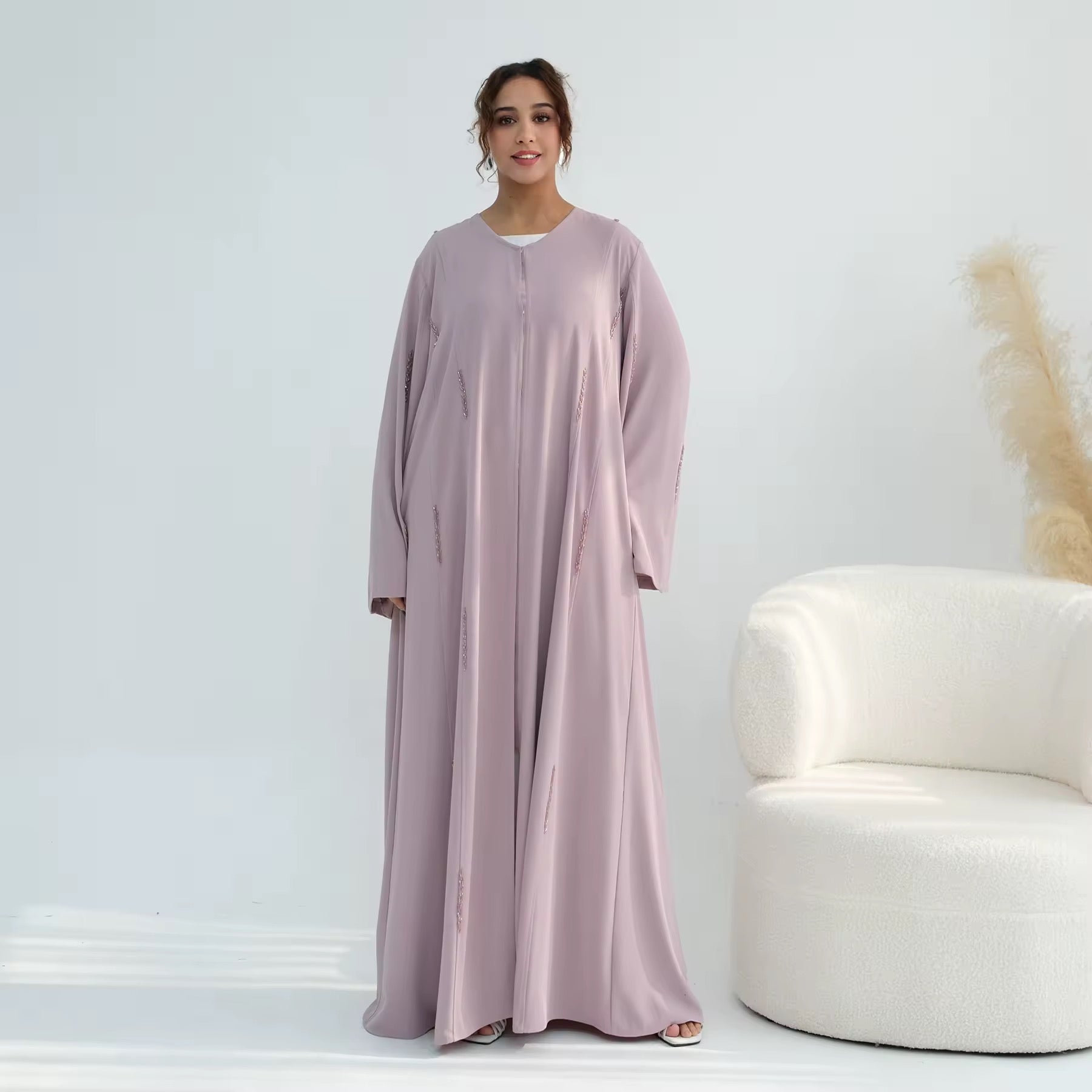Pink Handmade Beaded Open Abaya - Chaddors