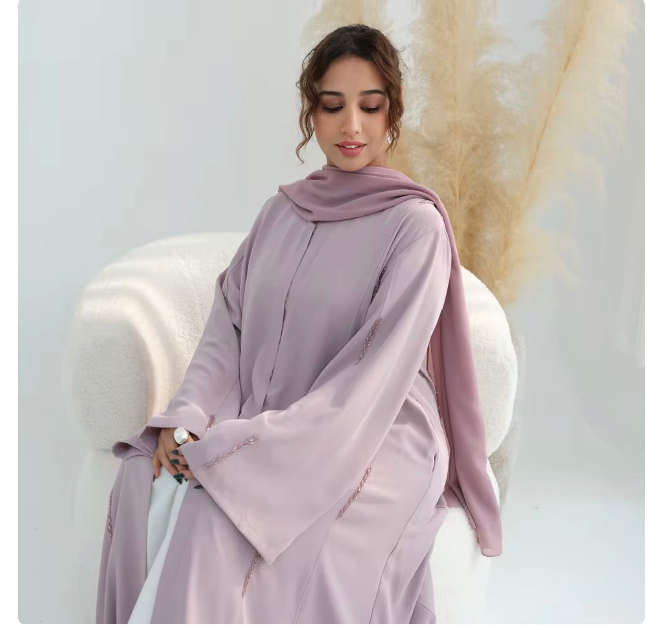 Pink Handmade Beaded Open Abaya - Chaddors
