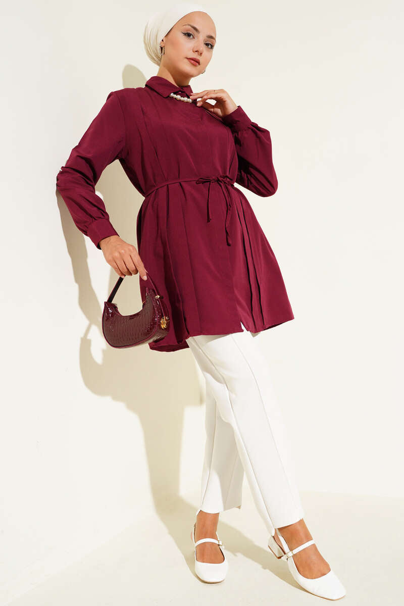 Maroon Pleated Belted Tunic - Chaddors