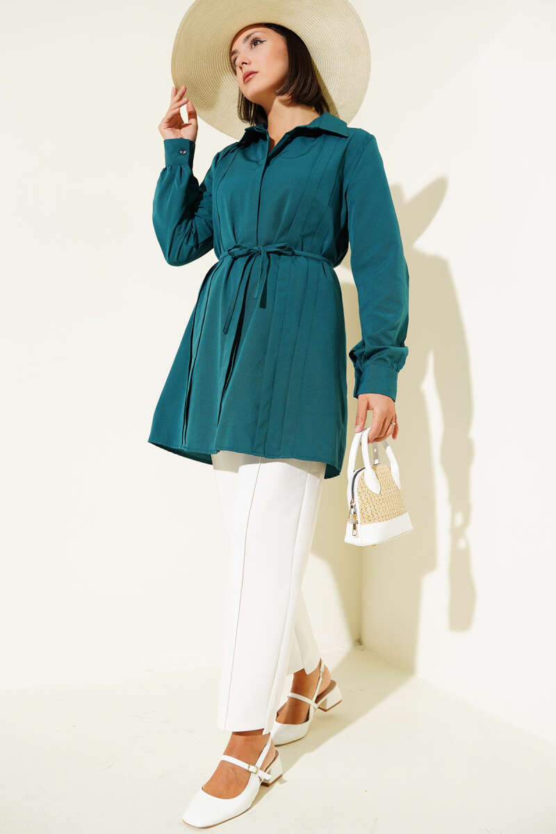 Teal Pleated Belted Tunic - Chaddors