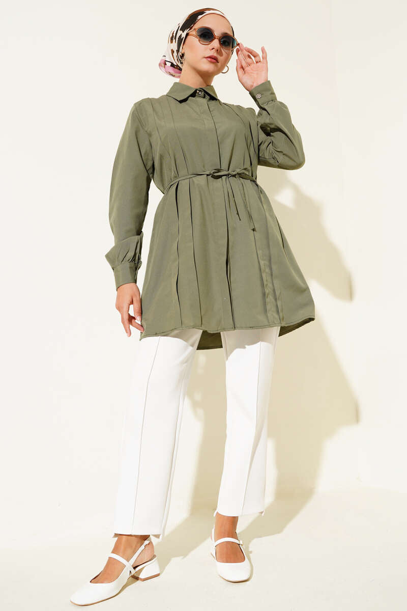 Olive Pleated Belted Tunic - Chaddors