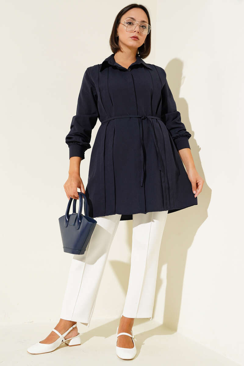 Navy Pleated Belted Tunic - Chaddors