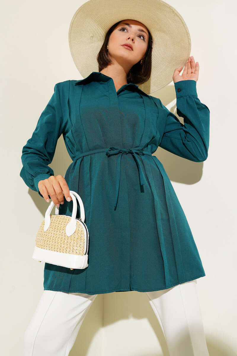 Teal Pleated Belted Tunic - Chaddors