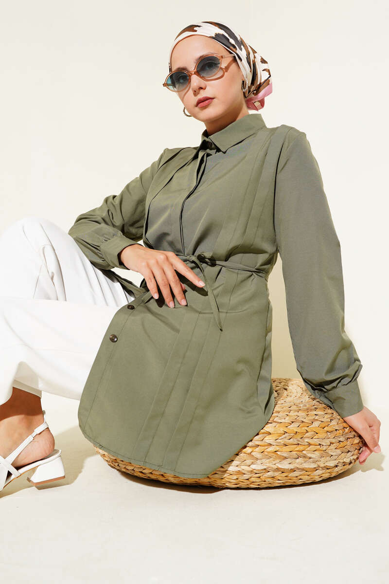 Olive Pleated Belted Tunic - Chaddors