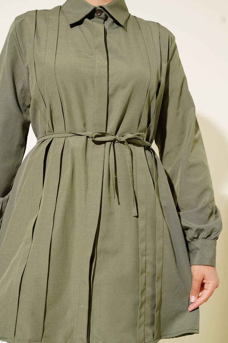 Olive Pleated Belted Tunic - Chaddors