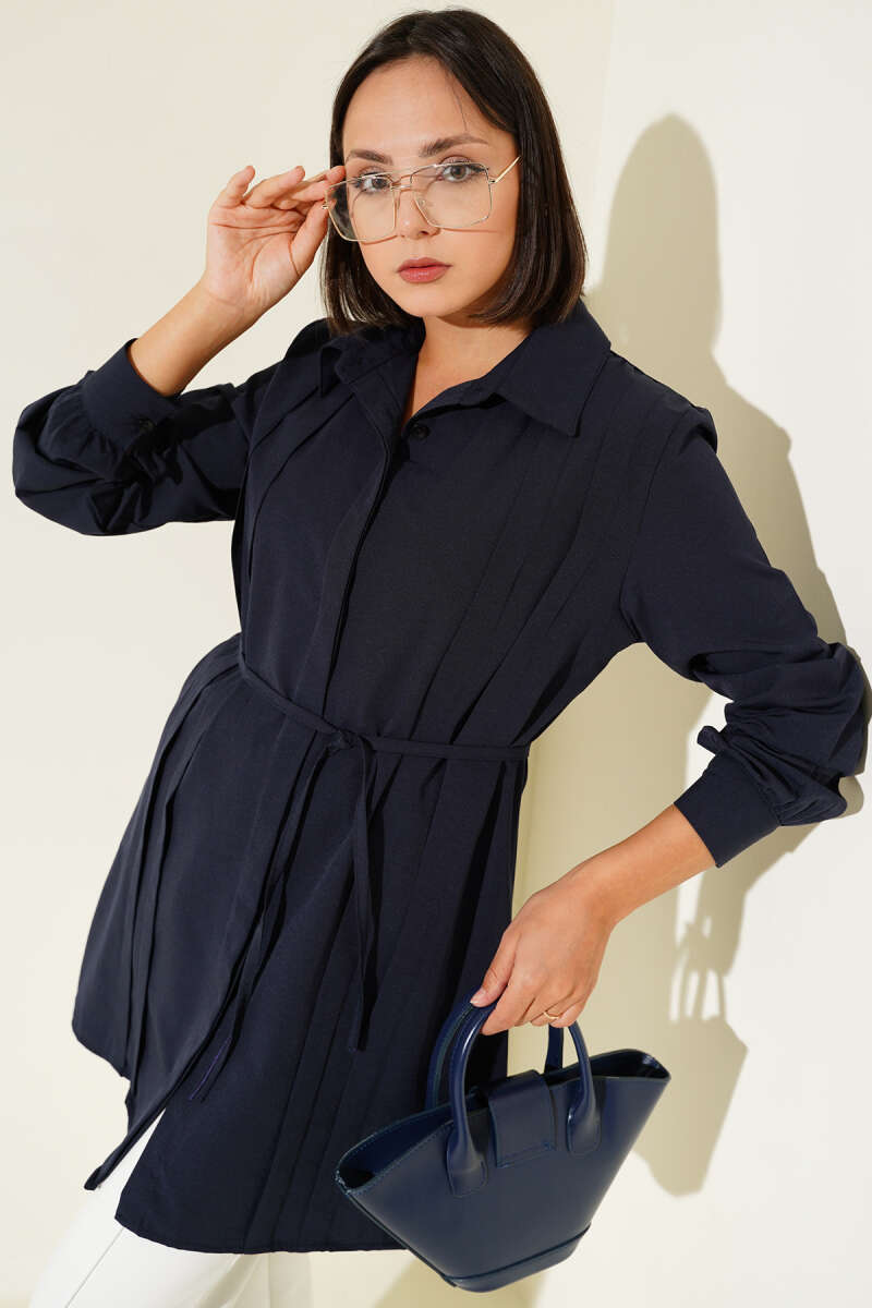 Navy Pleated Belted Tunic - Chaddors