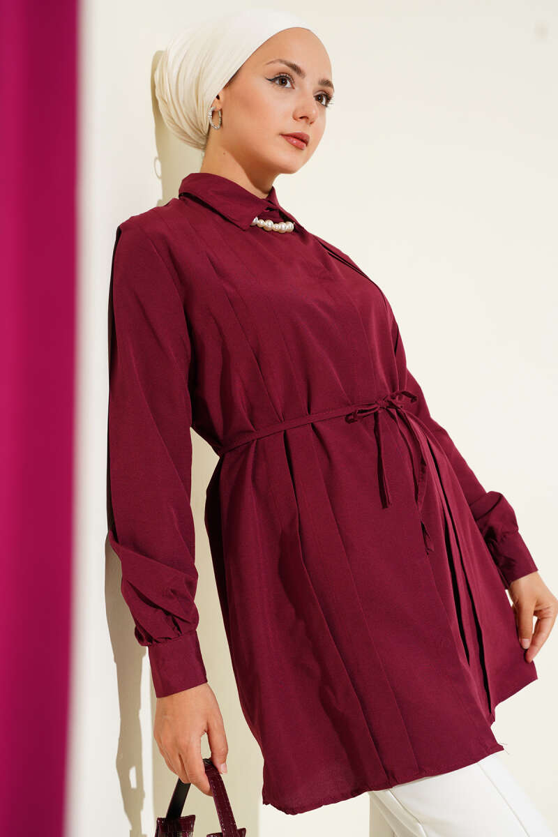 Maroon Pleated Belted Tunic - Chaddors