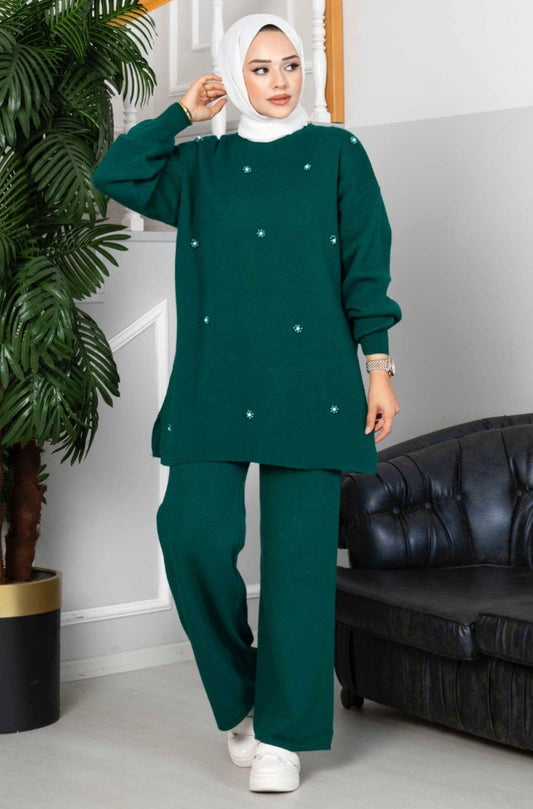 Green Bead Flower Knit Co-ord