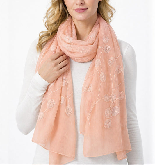 Peach Peacock Embroidered Viscose Hijab - Chaddors