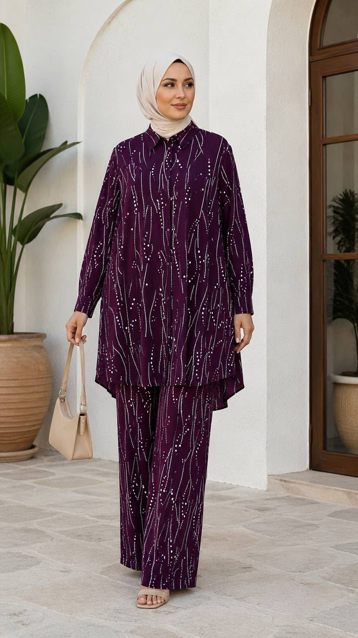 Purple & White Patterned Viscose Co‑ord Set - Chaddors