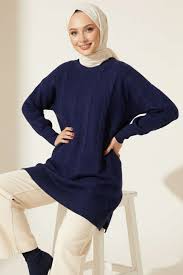 Navy Cable Design Embossed Soft Knit Tunic - Chaddors