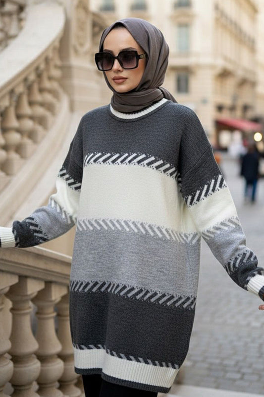 Gray Block Color Knit Sweater Tunic