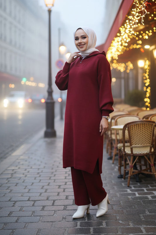 Maroon Knit Tunic & Wide-Leg Trouser Set - Chaddors