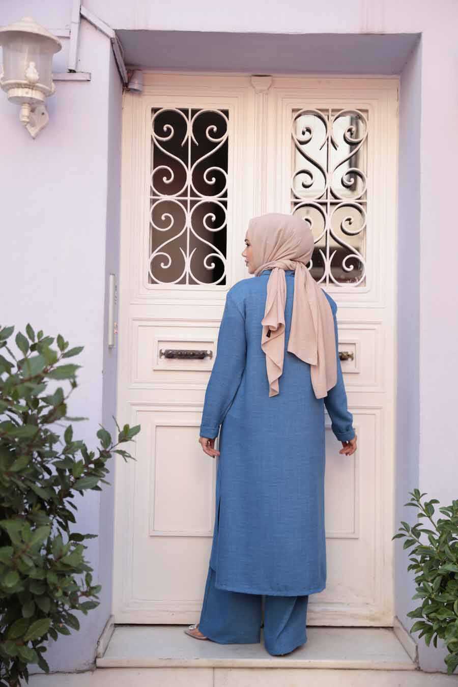 Blue Modest Tunic & Wide-Leg Trouser Set - Chaddors