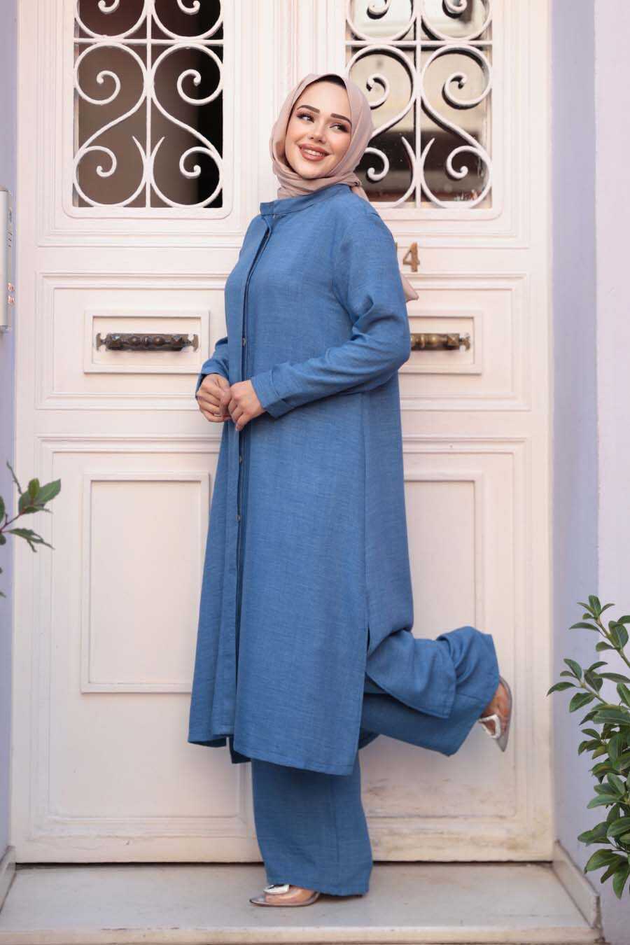 Blue Modest Tunic & Wide-Leg Trouser Set - Chaddors