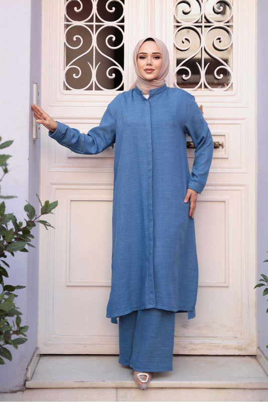 Blue Modest Tunic & Wide-Leg Trouser Set - Chaddors