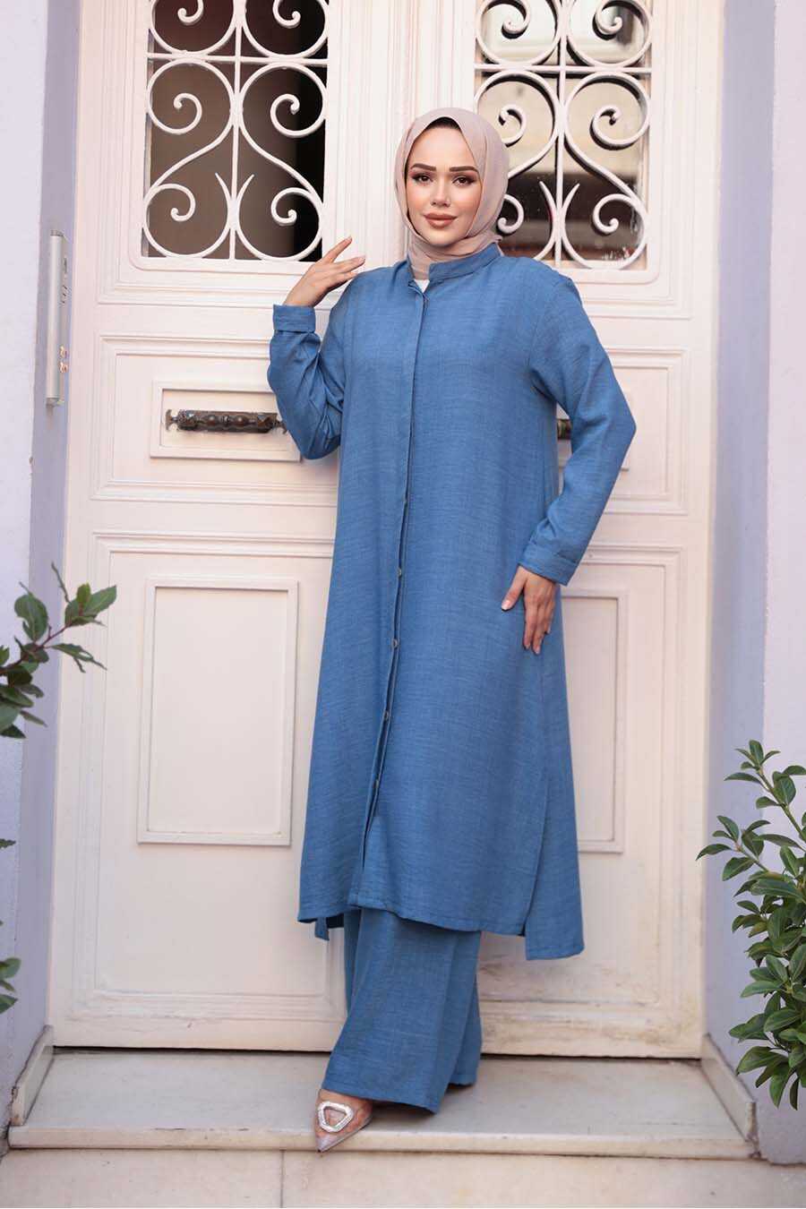 Blue Modest Tunic & Wide-Leg Trouser Set - Chaddors