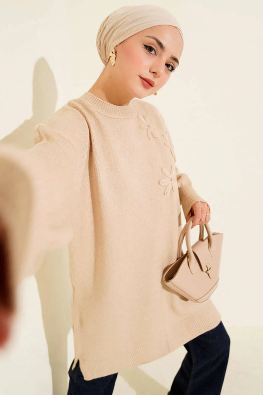Latte Floral Embroidered Soft Knit Tunic - Chaddors