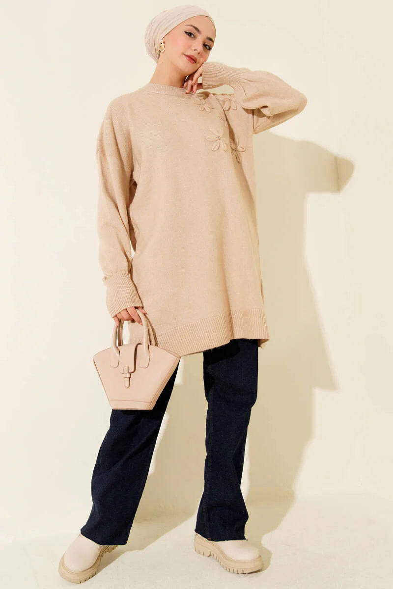 Latte Floral Embroidered Soft Knit Tunic - Chaddors