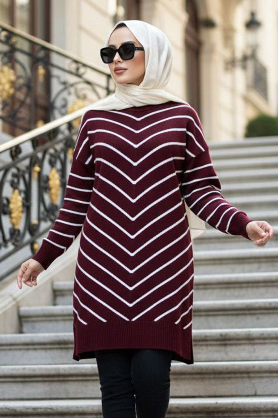 Dark Burgundy Striped Tunic Sweater - Chaddors