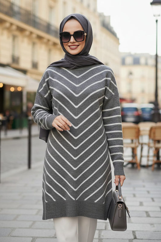 Gray Striped Tunic Sweater