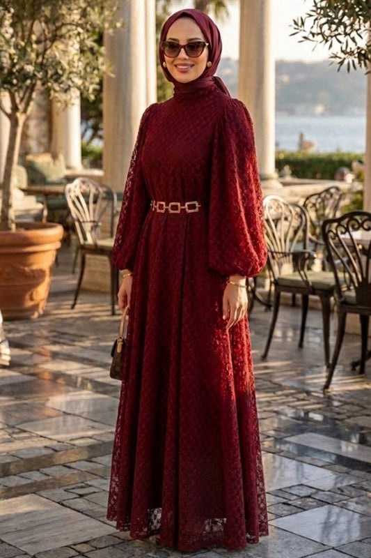 Burgundy Lace Evening Dress - Chaddors