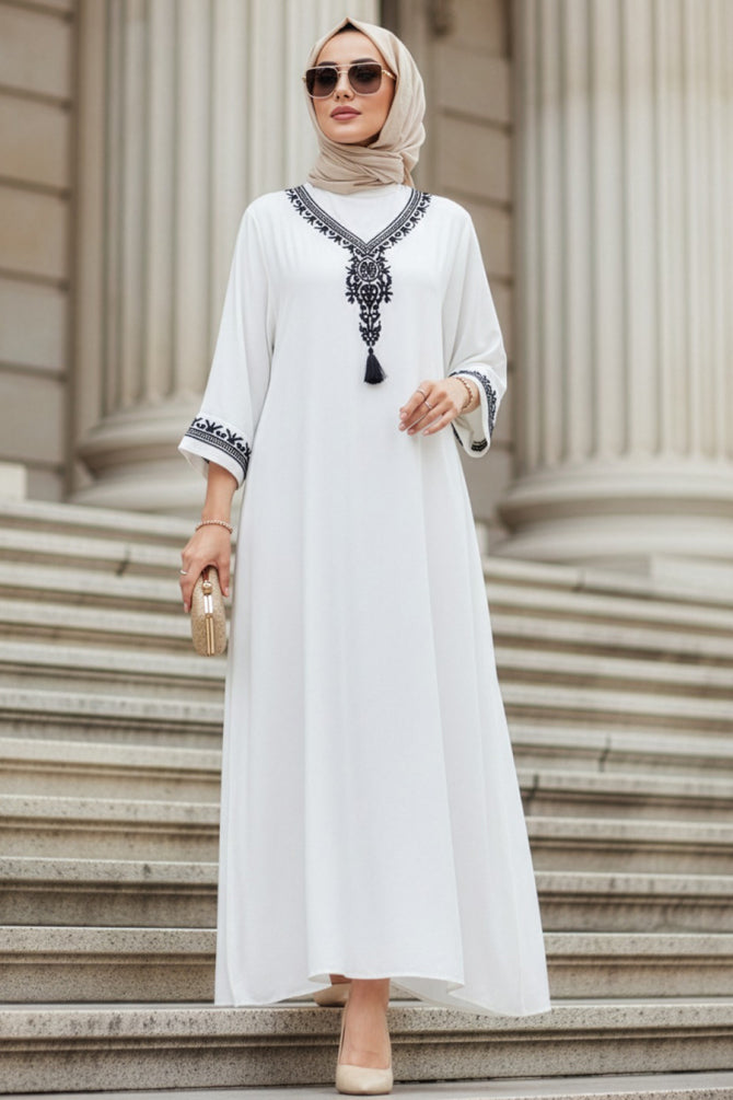 White Patterned V‑Neck Maxi Dress - Chaddors