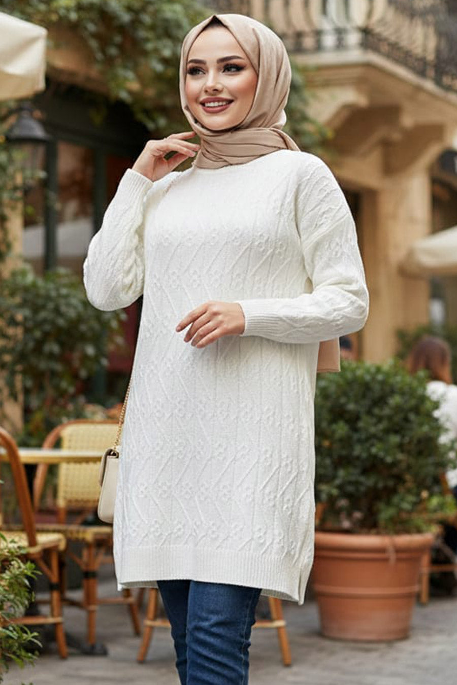 Textured White Knit Sweater Tunic - Chaddors