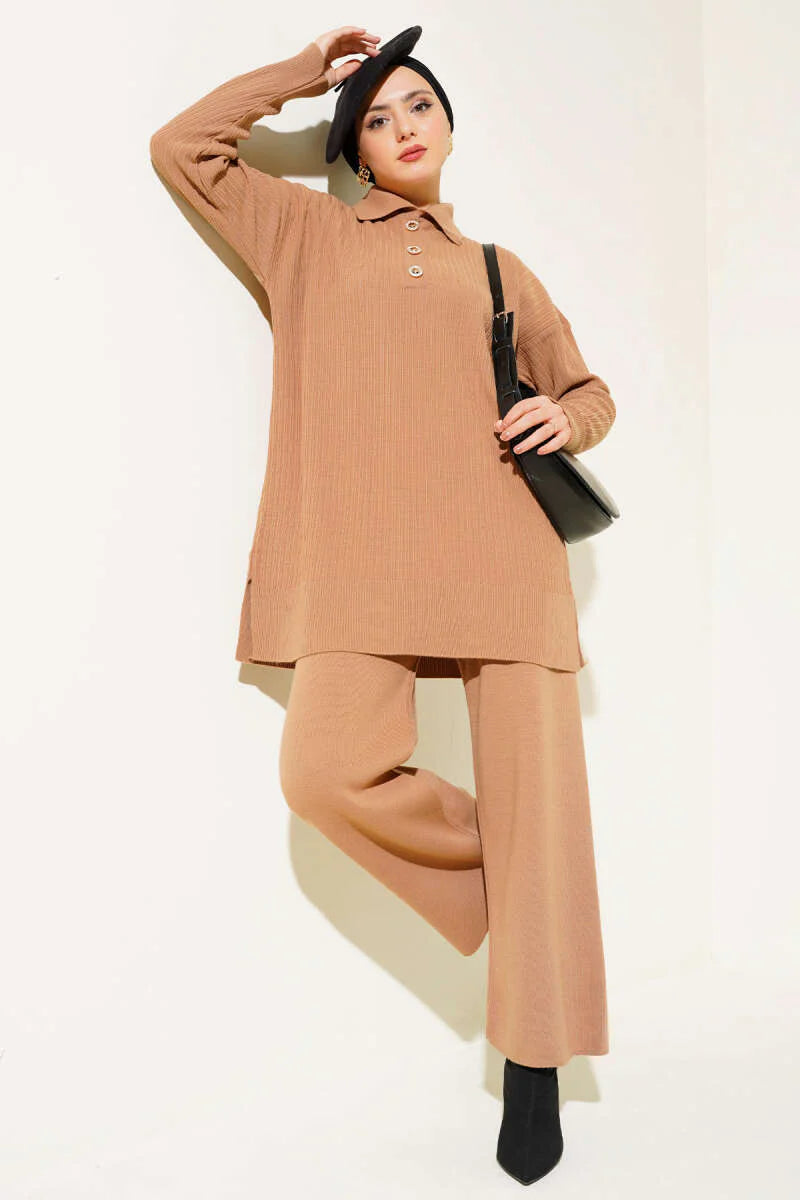 Latte Buttoned Corduroy Shirt Collar Knitted Co-ord - Chaddors