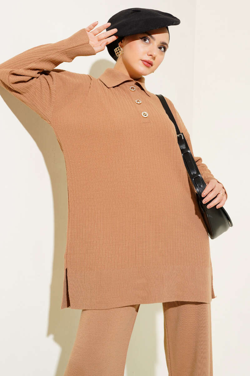 Latte Buttoned Corduroy Shirt Collar Knitted Co-ord - Chaddors