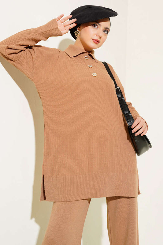 Latte Buttoned Corduroy Shirt Collar Knitted Co-ord - Chaddors