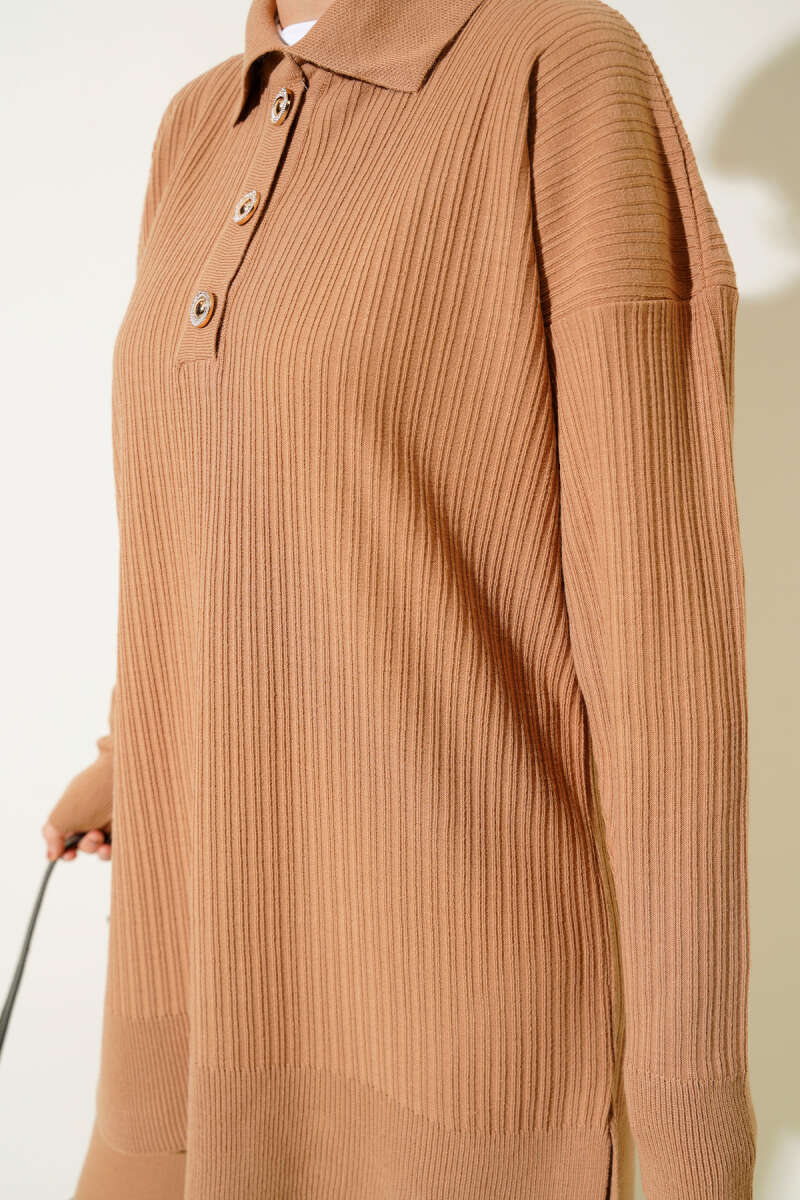 Latte Buttoned Corduroy Shirt Collar Knitted Co-ord - Chaddors