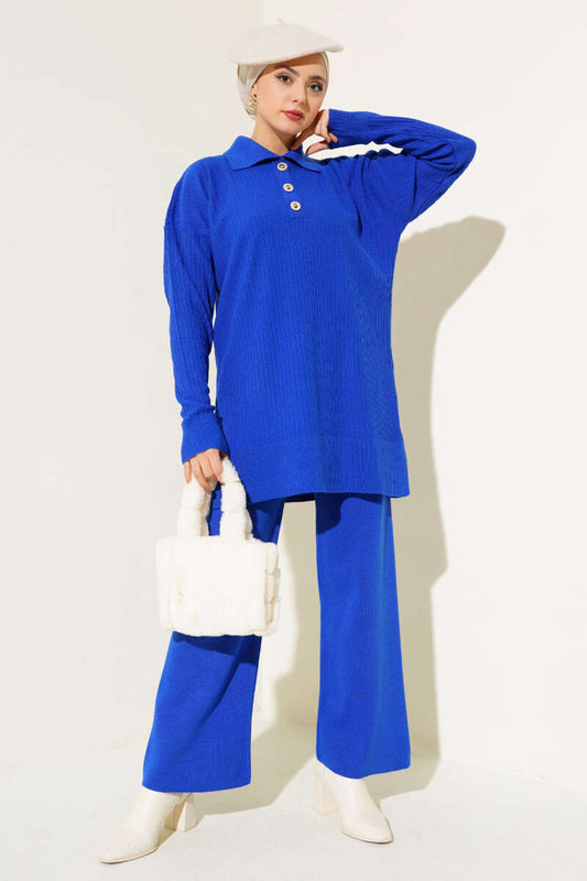 Blue Buttoned Corduroy Shirt Collar Knitted Co-ord - Chaddors