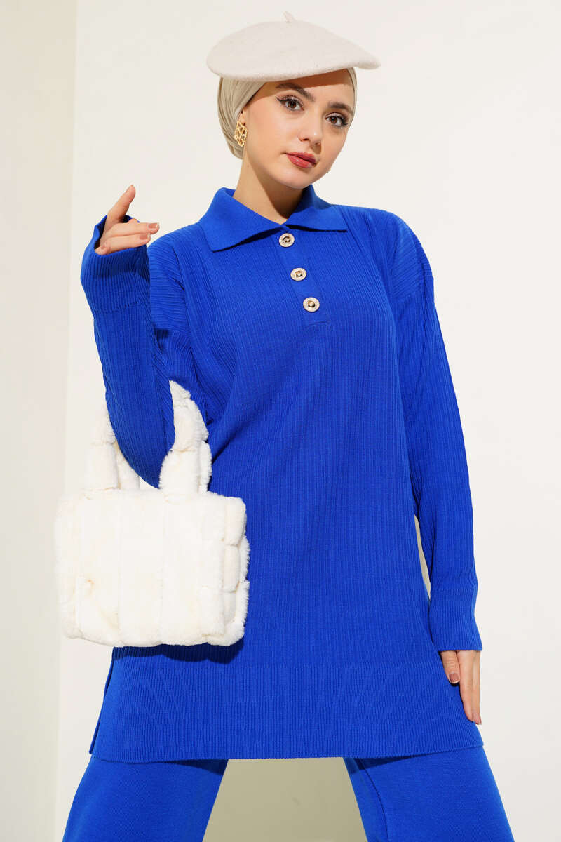 Blue Buttoned Corduroy Shirt Collar Knitted Co-ord - Chaddors