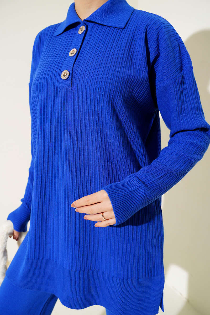 Blue Buttoned Corduroy Shirt Collar Knitted Co-ord - Chaddors