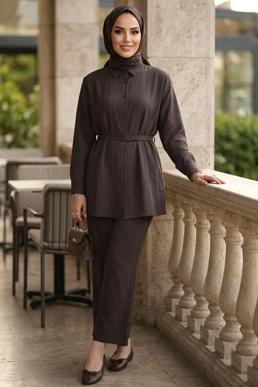 Mocha Belted Tunic & Wide-Leg Pant Set