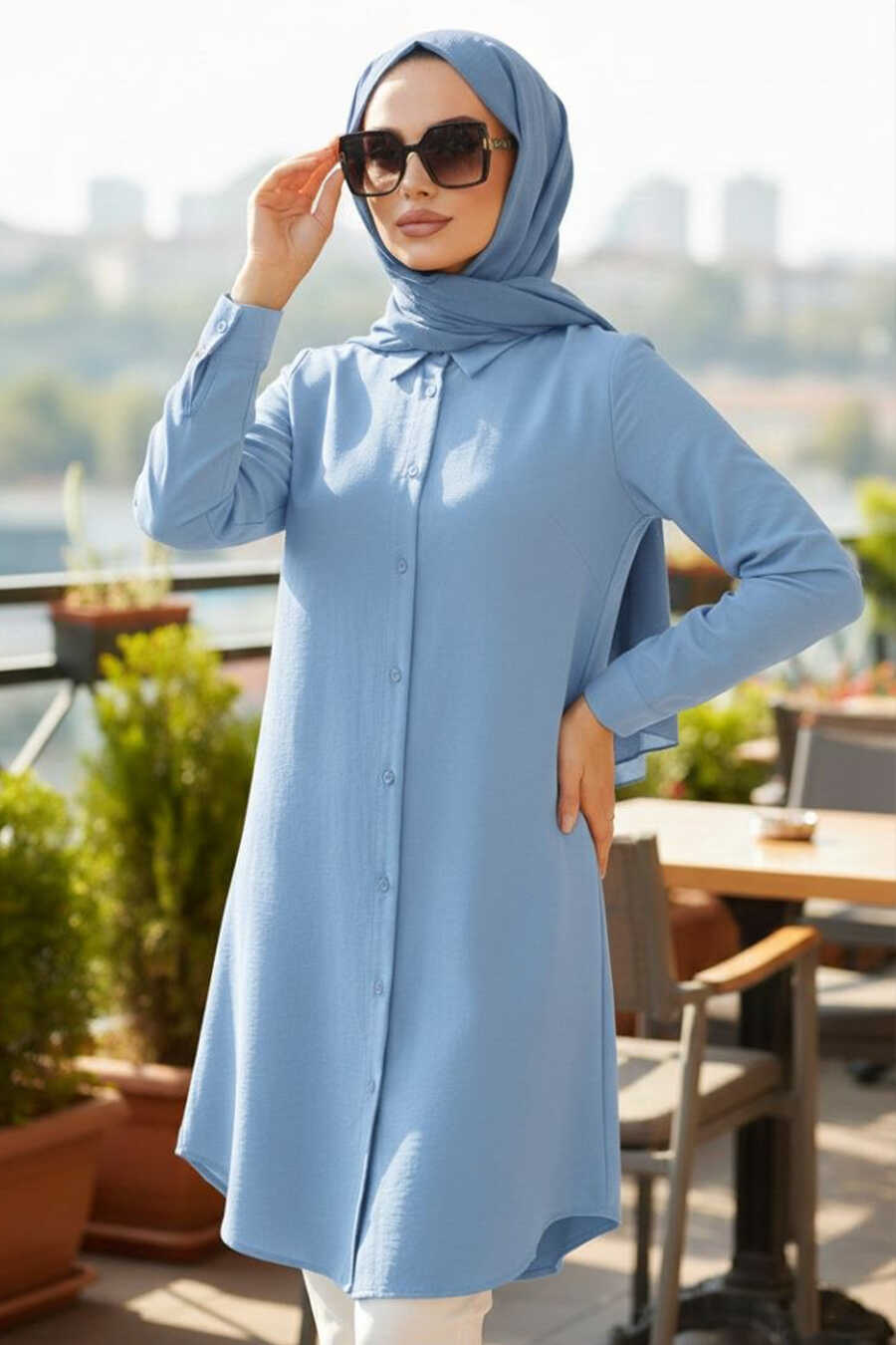 Sky Blue Classic Viscose Button-Down Tunic