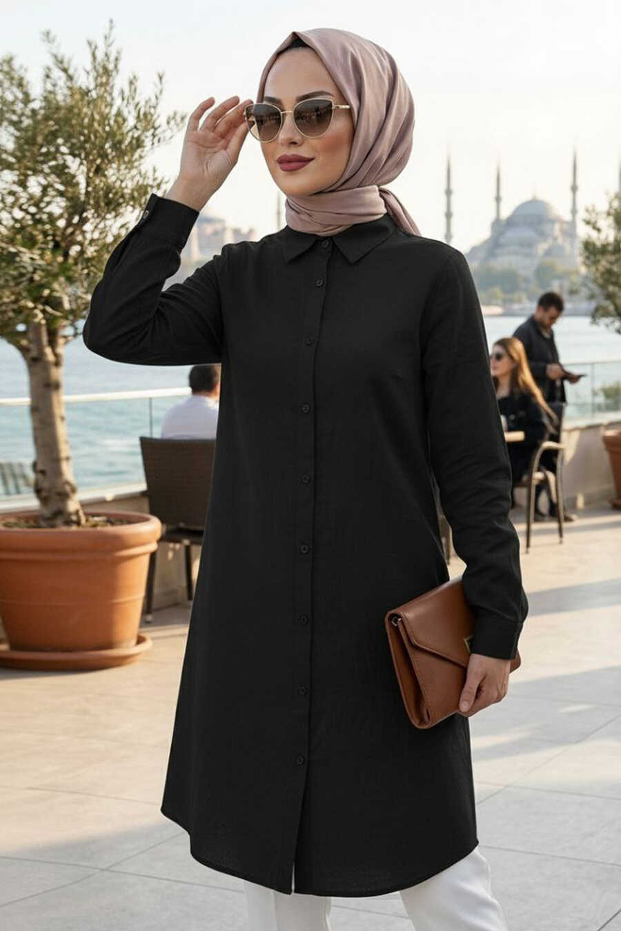 Black Classic Viscose Button-Down Tunic