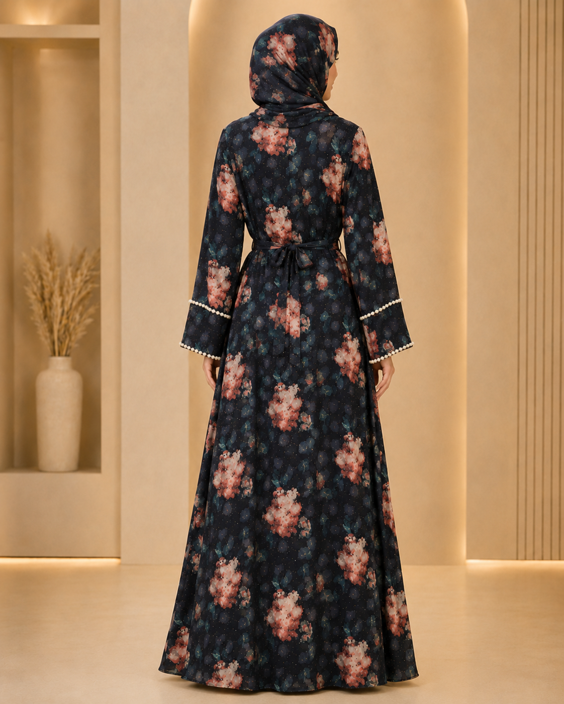 Navy Luxury Double Layer Print Abaya – Dubai Collection