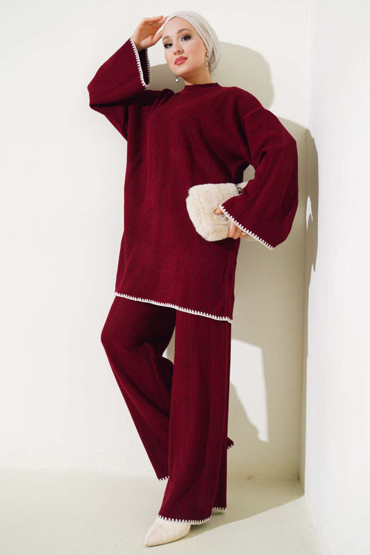 White Design Detail Maroon Knitted Co-ord - Chaddors