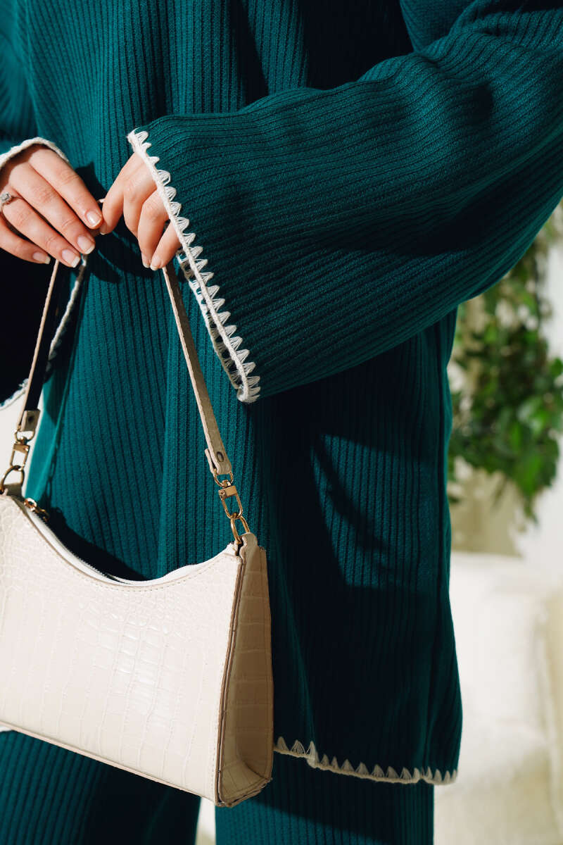 White Design Detail Green Knitted Co-ord